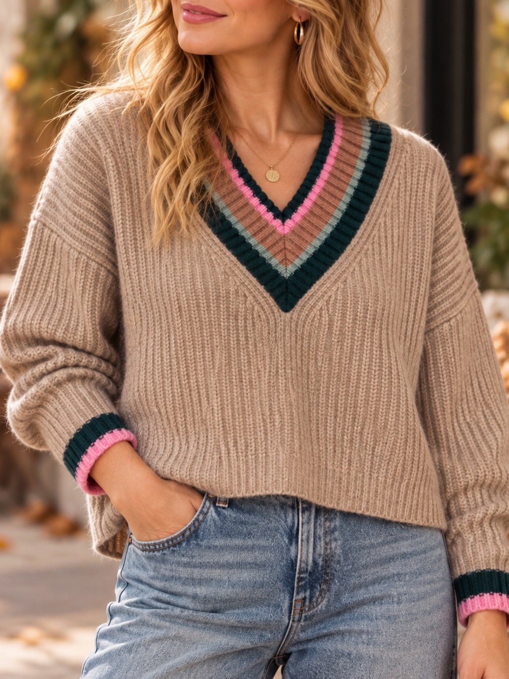 Madewell Sz S Relaxed Boxy Sweater Oatmeal Tan V Neck Wool Blend Varsity Preppy